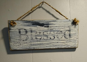 Vintage farmhouse style wooden sign "Blessed" hanging