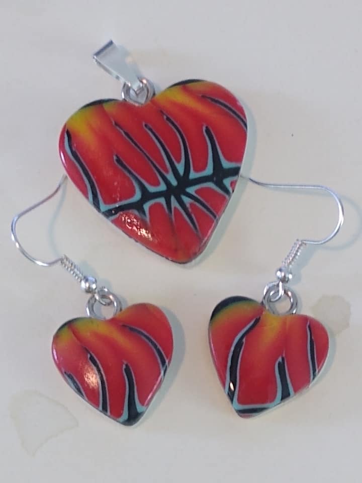 Flame Barbed cane Polymer Clay Heart w/matching earrings