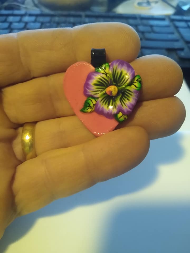 Polymer Clay Heart w/Flower Pendant